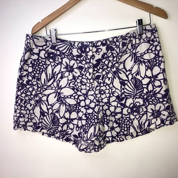 New York & Company Purple White Floral Linen Shorts 12 - Picture 1 of 8